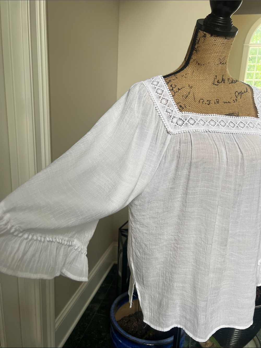 Sz L White Boho Peasant Blouse Square Lace Style Neck Romantic Hippie Beach